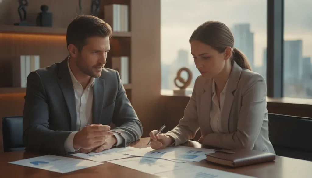 Business advisor meeting with a small business owner at a conference table reviewing documents
