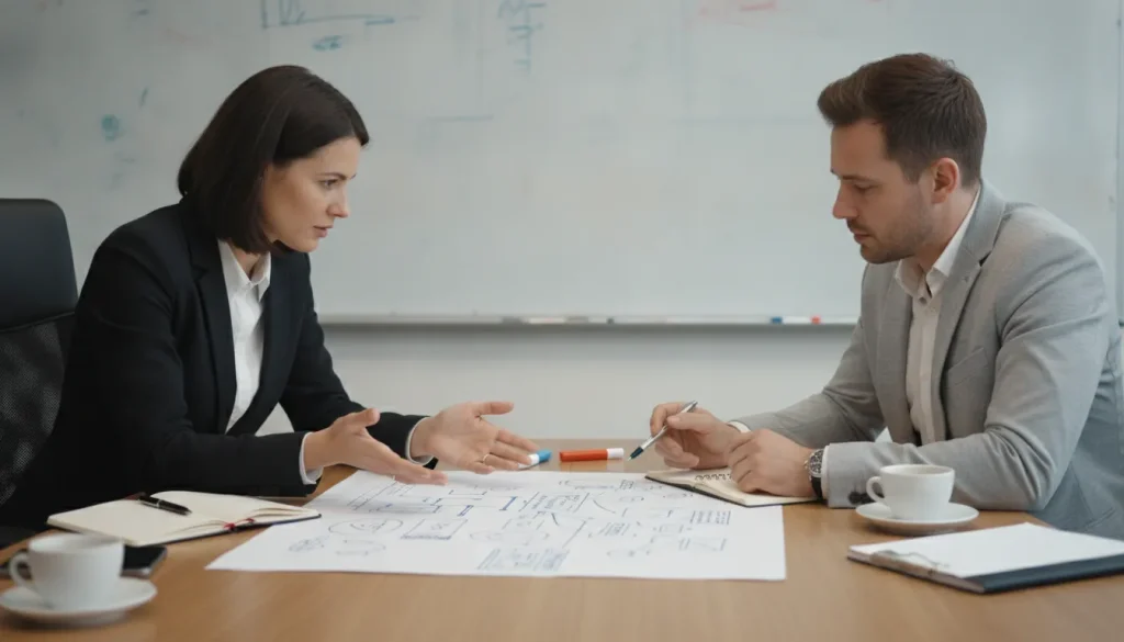 Business owner meeting with a trusted advisor to map out a turnaround plan in a professional office