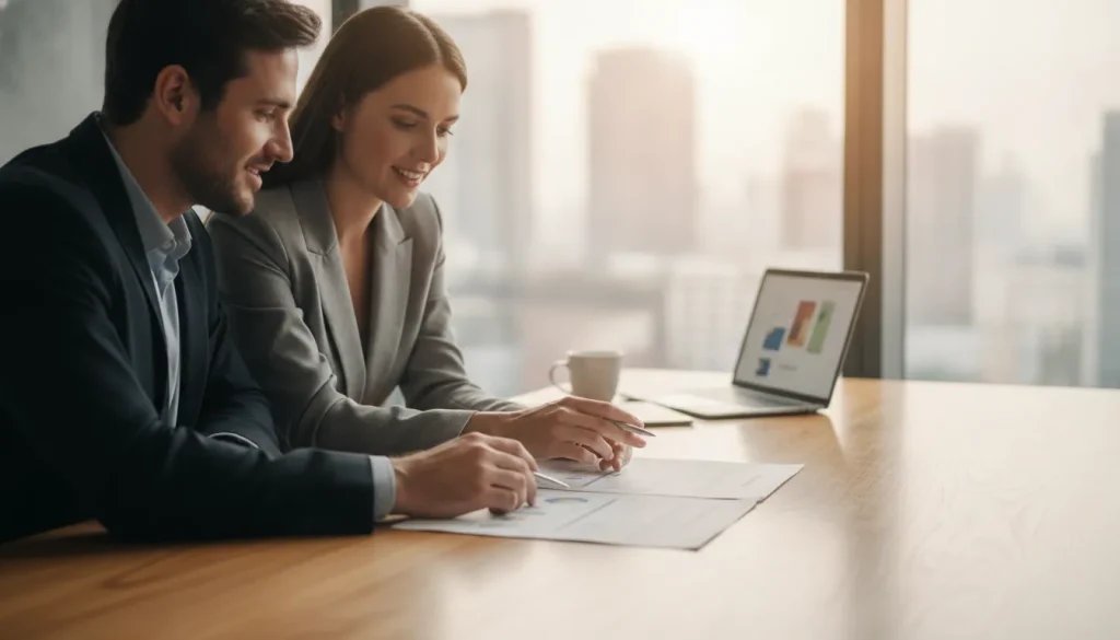 Business owner and financial advisor reviewing a cash flow summary at a desk