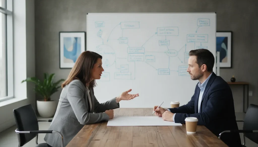Business owner meeting with an advisor in a modern office with whiteboard