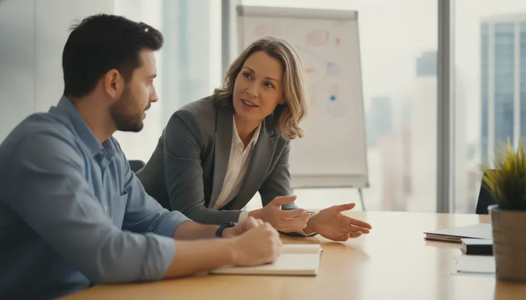 Executive business coach in a strategy conversation with an SMB owner at a table in a bright modern office
