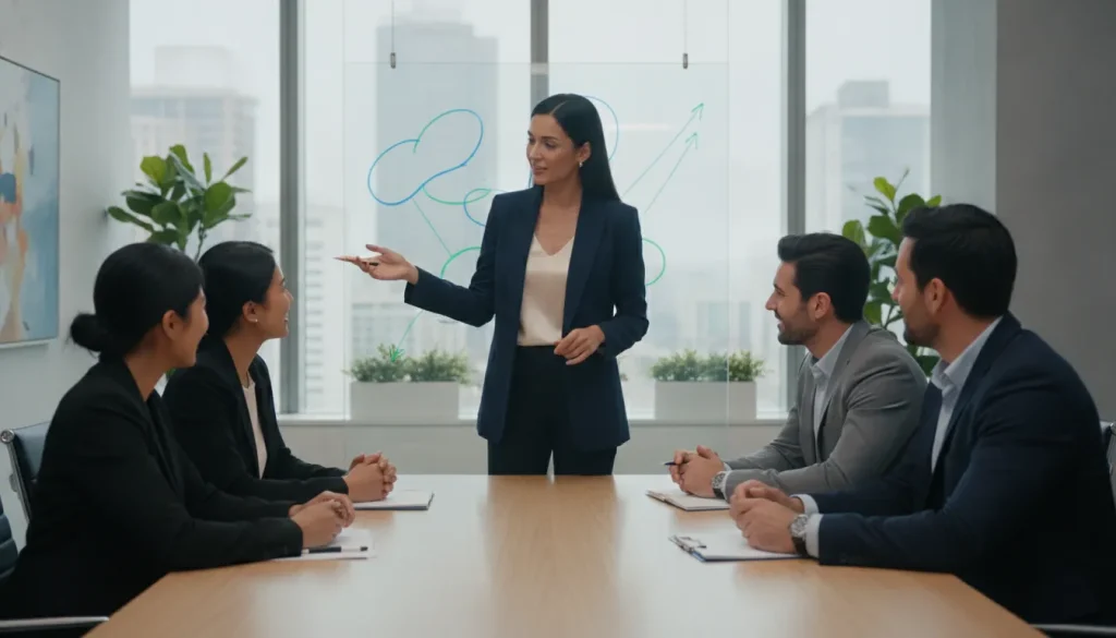 Business owner leading a strategy meeting with the leadership team in a modern office