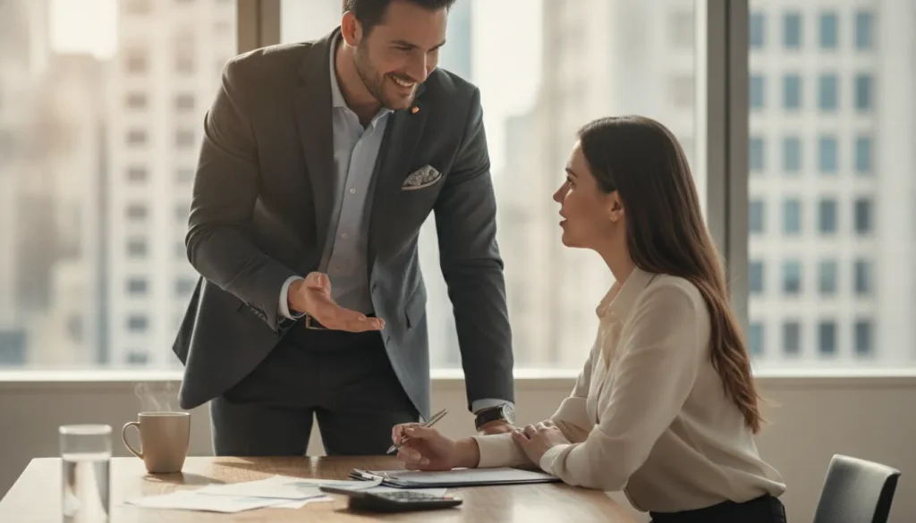 Business consultant reviewing growth with a small business owner across a desk in a bright modern office