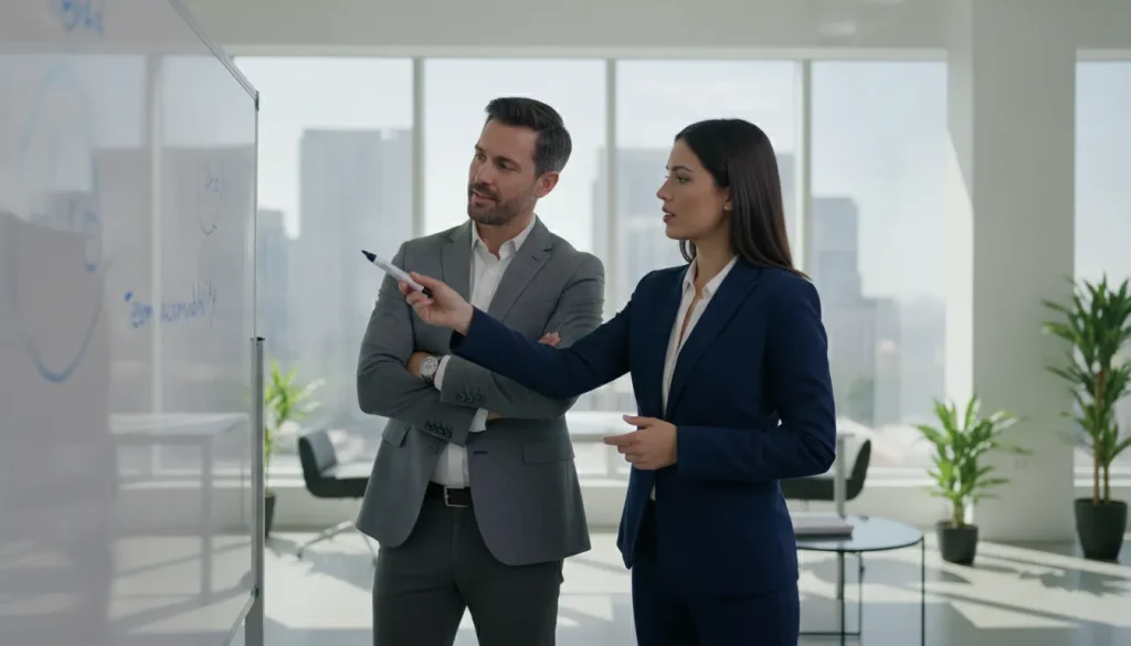 Business owner and sales consultant reviewing a structured sales pipeline in a modern office