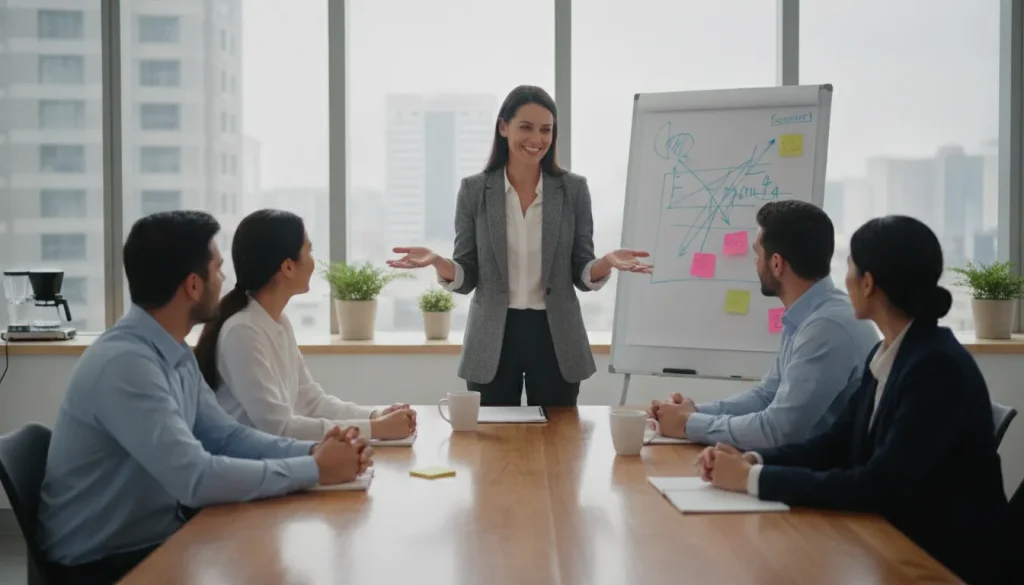 Small business owner leading a sales team meeting in a modern office
