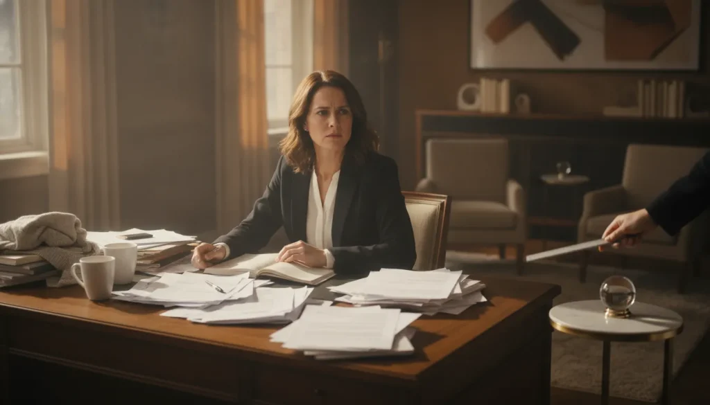 Business owner sitting at desk with scattered papers looking overwhelmed, warm professional office environment