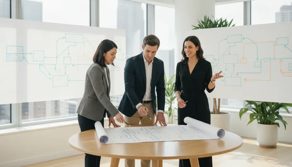 Business systems consultant working with two owners on documented processes and workflow maps in a bright office