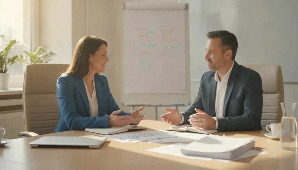 Small business owner and strategic planning consultant in a professional office meeting reviewing strategy documents