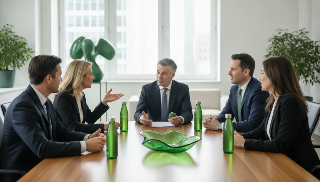 Business owners and managers discussing decision responsibilities in a professional office