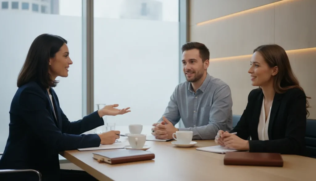 Business leaders working through a structured negotiation with an advisor