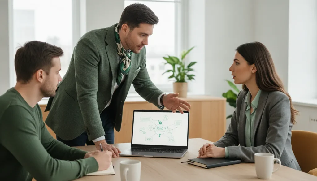 Founder and business advisor reviewing a pitch deck strategy in a modern office