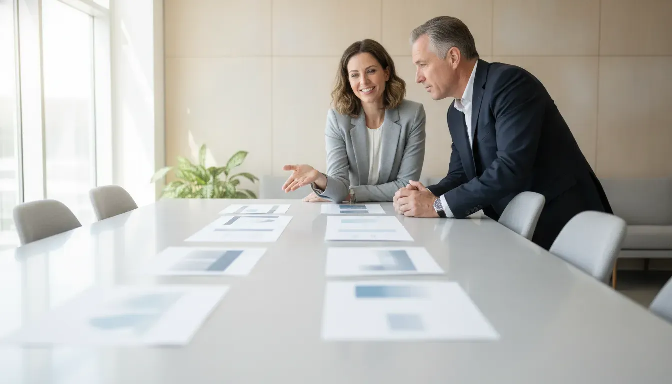 Business leaders reviewing a clear pitch deck presentation together