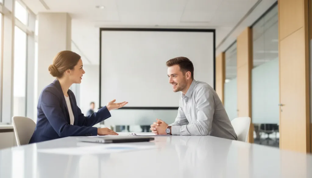 Business advisor reviewing a startup pitch presentation with an entrepreneur
