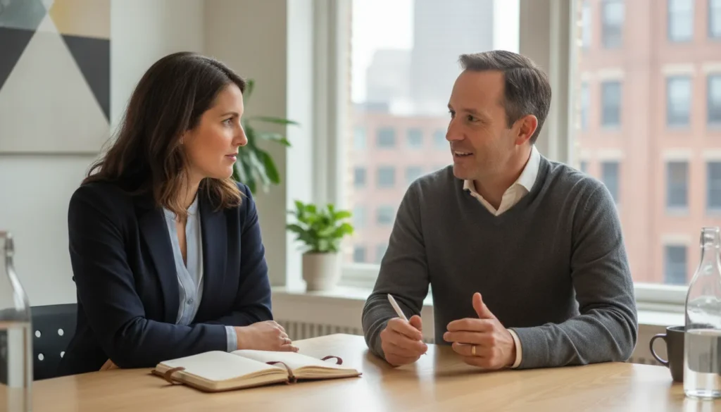 Small business owner and advisor practicing a sales conversation in a bright office