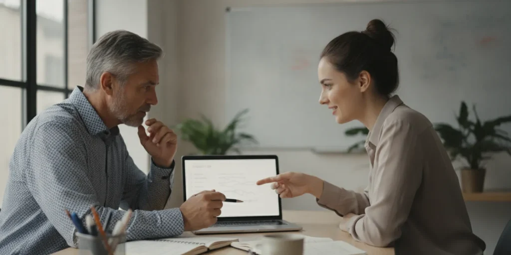 Business owner reviewing a focused prospect list and outreach plan with a colleague