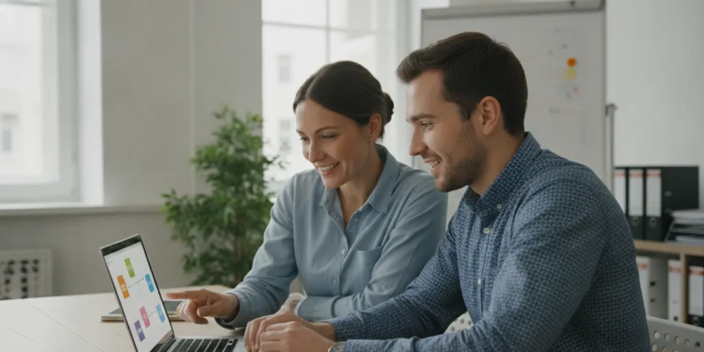 Small business owner reviewing administrative workflows with a team member at a desk
