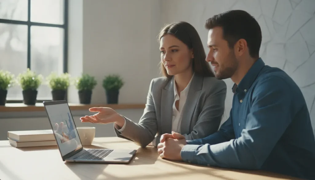 Two colleagues in an office reviewing an email campaign report on a laptop