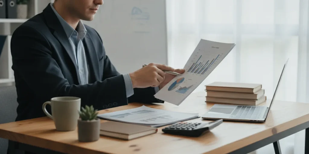 Small business owner reviewing a monthly expense forecast at a desk