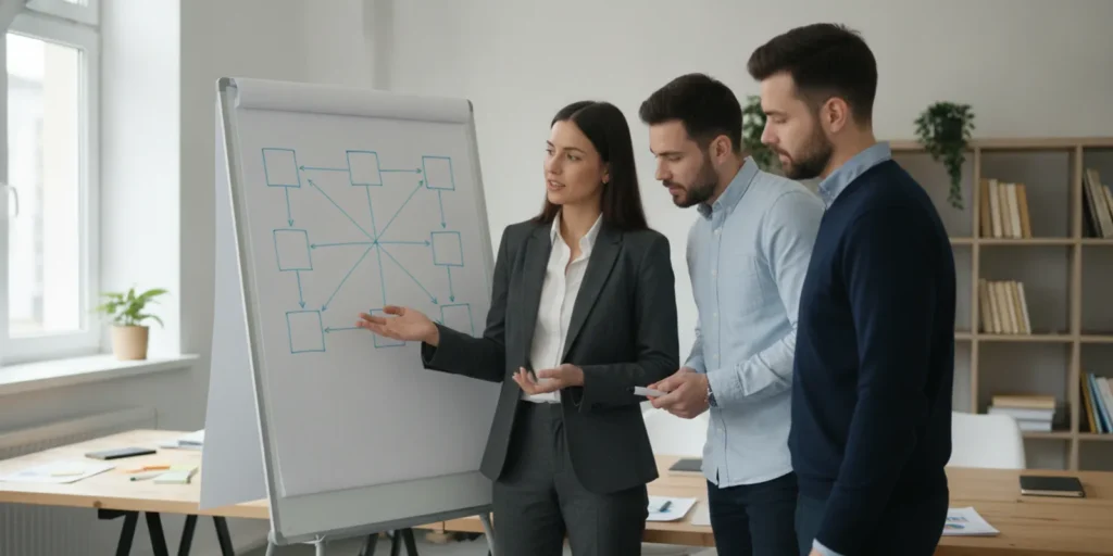 Business owner reviewing a team structure chart with department leads