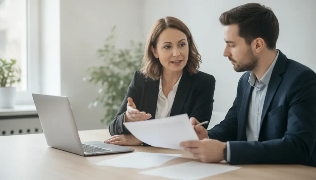 Owner and advisor reviewing pitch deck presentation design