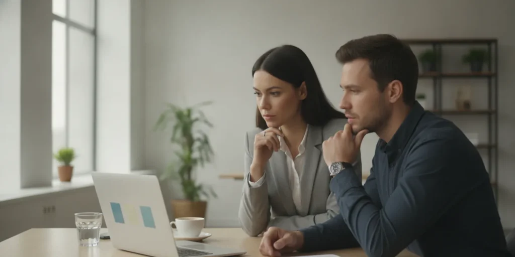 Founder reviewing a pitch deck problem slide with a colleague at a bright meeting table