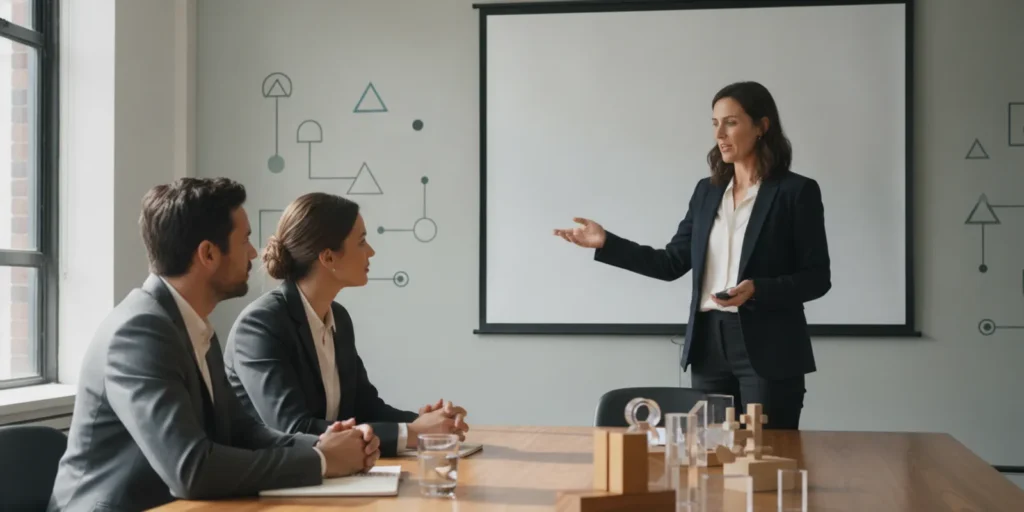 Founder presenting a business pitch deck to a small group of attentive investors