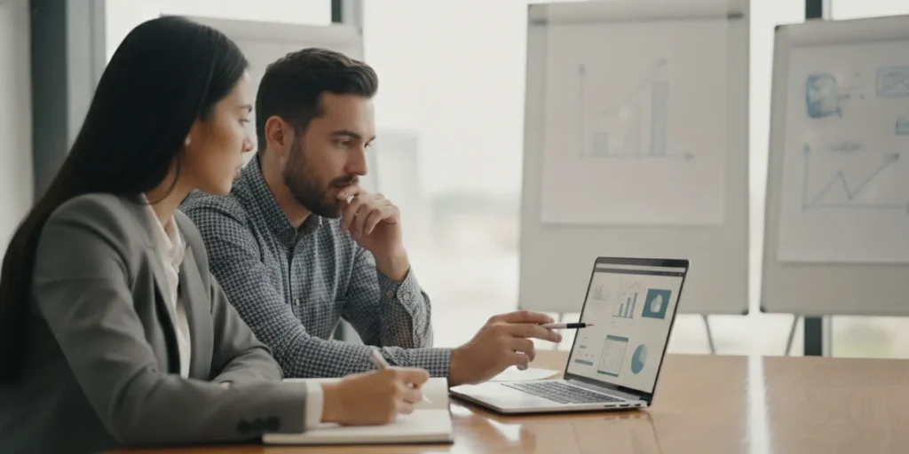 Founders reviewing a pitch deck team slide together around a conference table