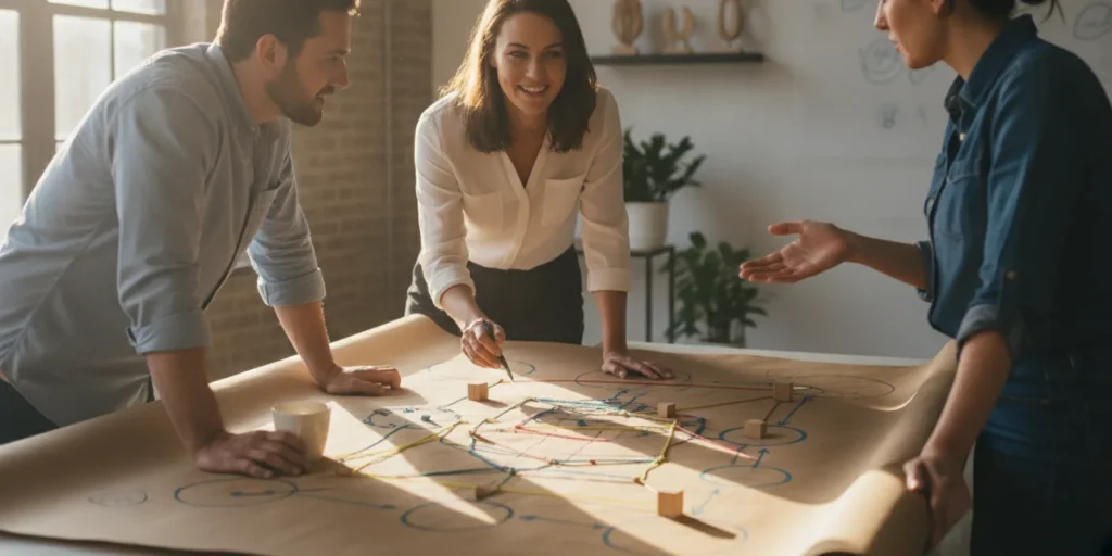 Business owner and team reviewing a workflow map