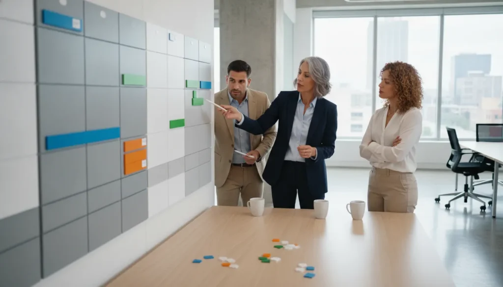 Business advisor reviewing team responsibilities with small business leaders