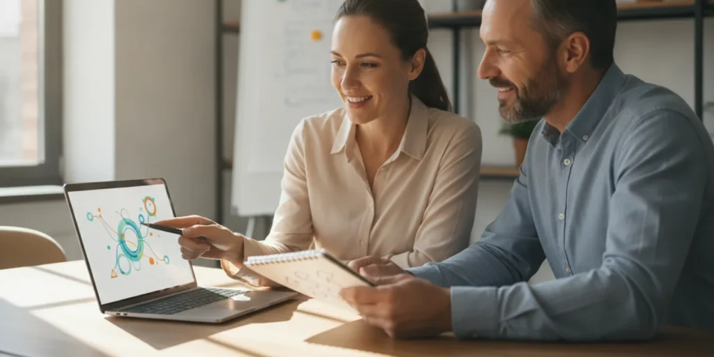 Business owner reviewing a sales pipeline dashboard with a colleague