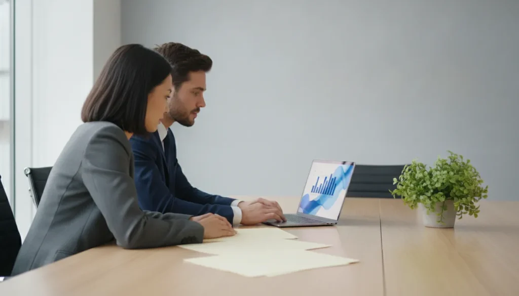 Two professionals reviewing a website performance chart together in a bright conference room