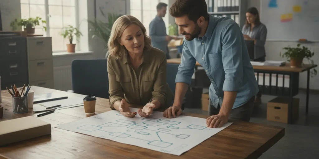 Small business owner reviewing a standard operating procedures template with a team member