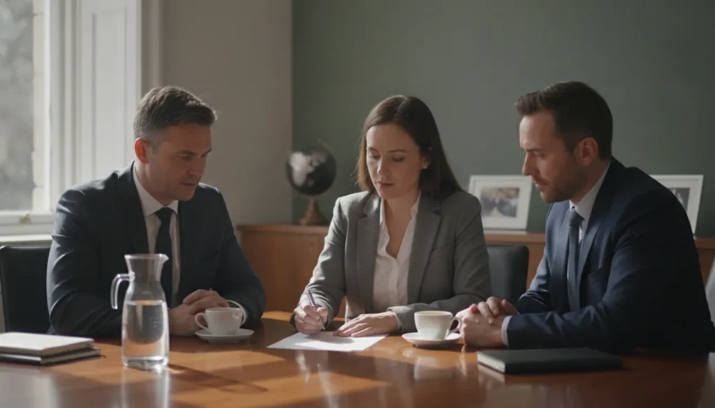 Owner and two managers reviewing a one-page operating model at a conference table