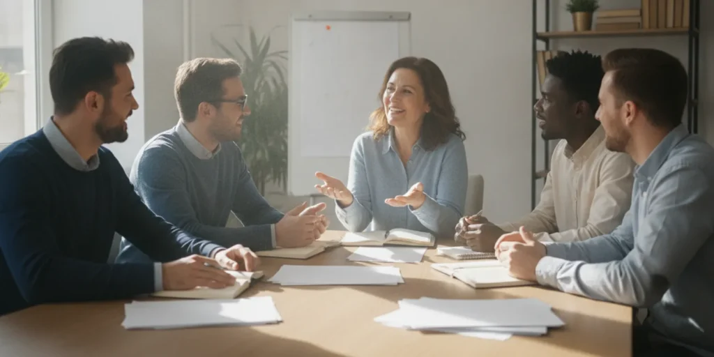 Small business owner and department leads reviewing priorities and responsibilities around a workshop table