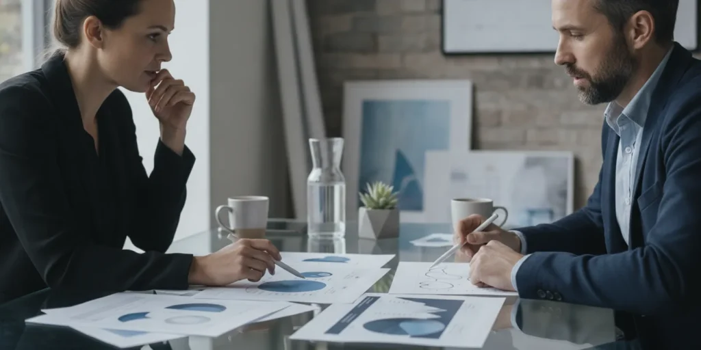 Small business owner reviewing a business plan market analysis at a desk