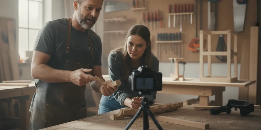 Small business owner recording a short product demonstration in a bright workshop