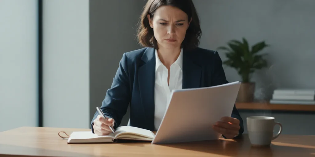 Business owner reviewing a printed white paper beside planning notes